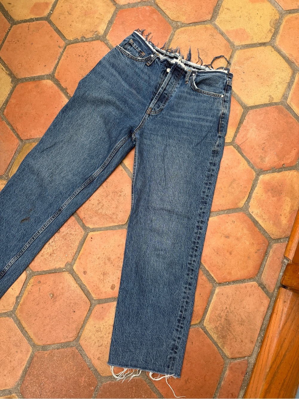 Anine Bing Raw-Hem Medium Blue Straight Leg Jeans